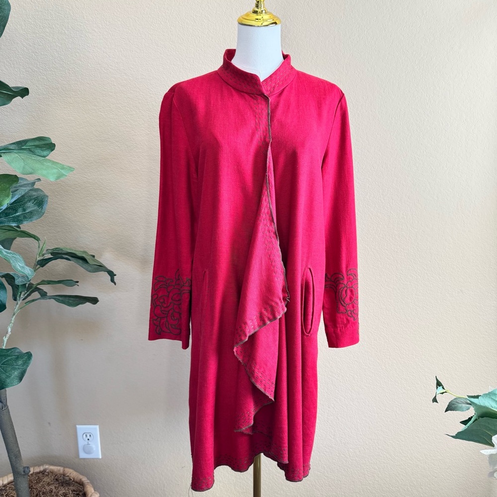 Lagenlook Jingpin Red Linen Blend Embroider Tunic Coat Mandarin Collar L 170/88A